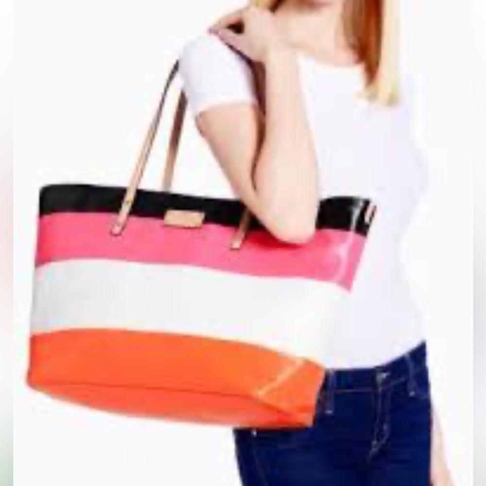 Kate Spade Pink, Black, White & Orange Striped Leather Tote
